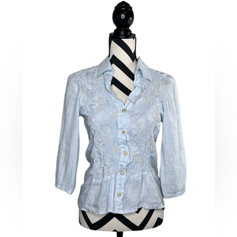 Sunday Sz XS Linen Coquette Embroidered 3/4 Sleeve Button Front Blouse